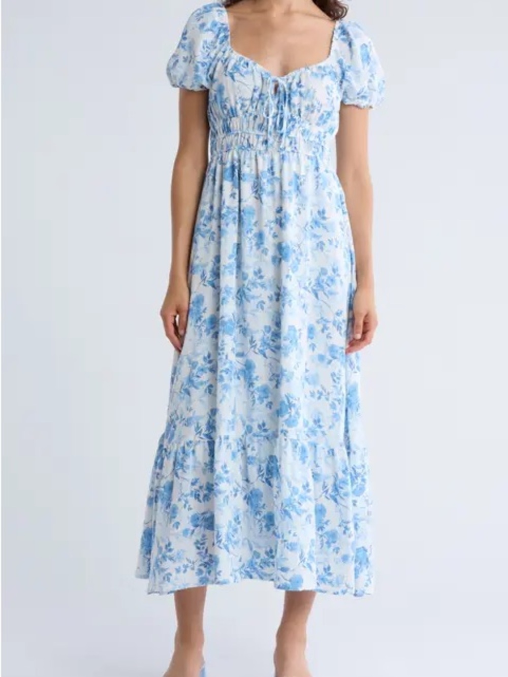 August Silk Blue Floral Midi Dress with Puff Sleeves